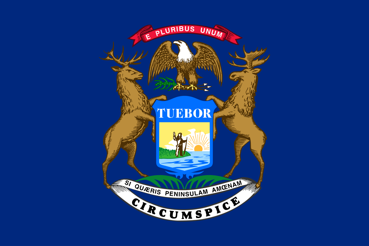 <p>Blue background with two deers holding up a blue-yellow shield. “Circumspice”</p>