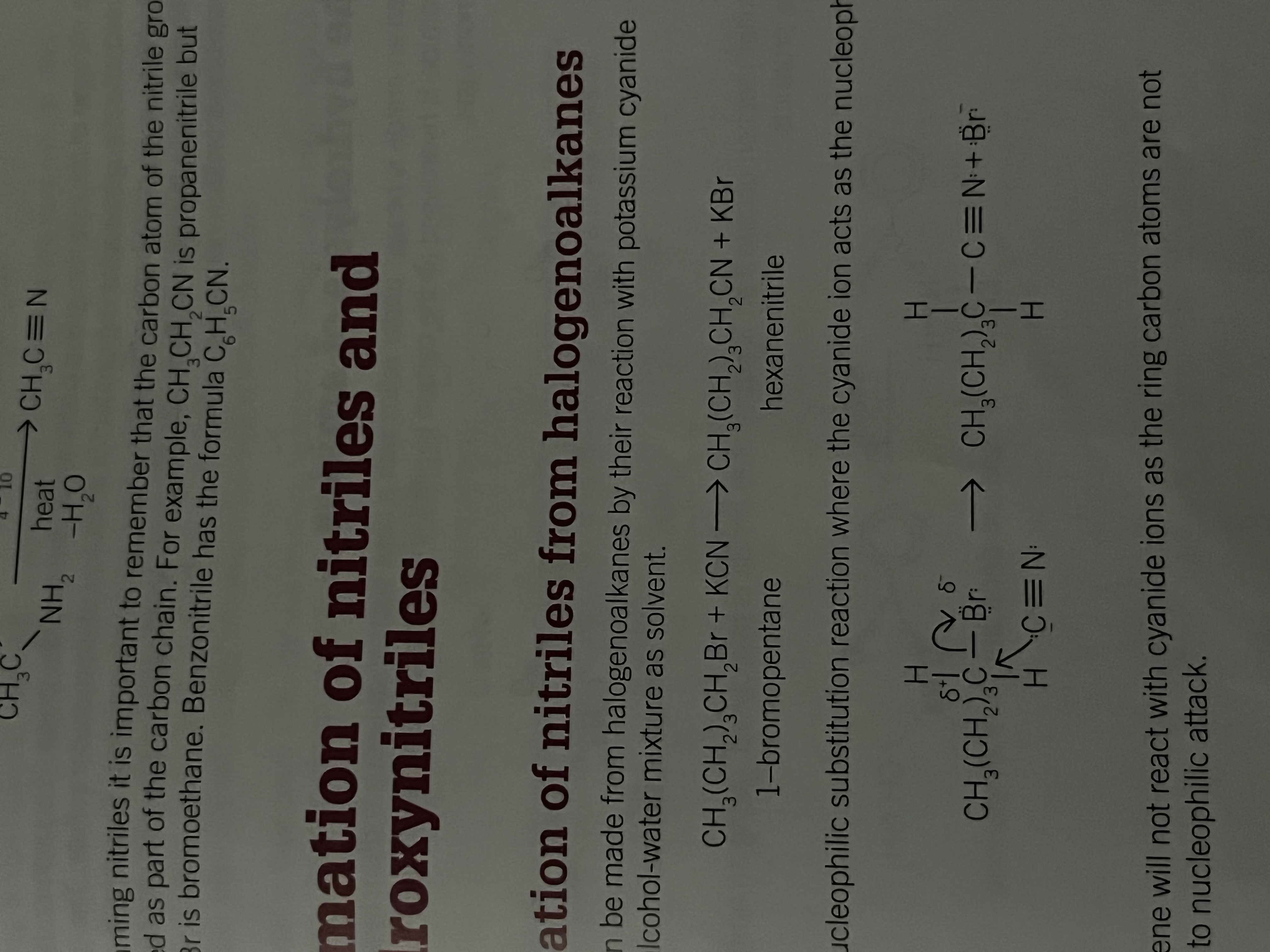 <p>Reaction with potassium cyanide using an alcohol water mixture as a solvent</p><p>a nucleophilic substitution reaction where the Cyanide ion act as a nucleophile</p><p></p><p>chlorobenzene will not react with cyanide as the ring carbon atoms are not susceptible to nucleophilic attack</p>