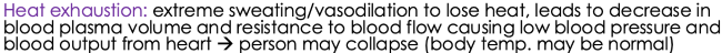 <p>Heat exhaustion: The collapse of a person after exposure to heat, during which their body’s heat-regulating mechanisms continue to function normally</p>