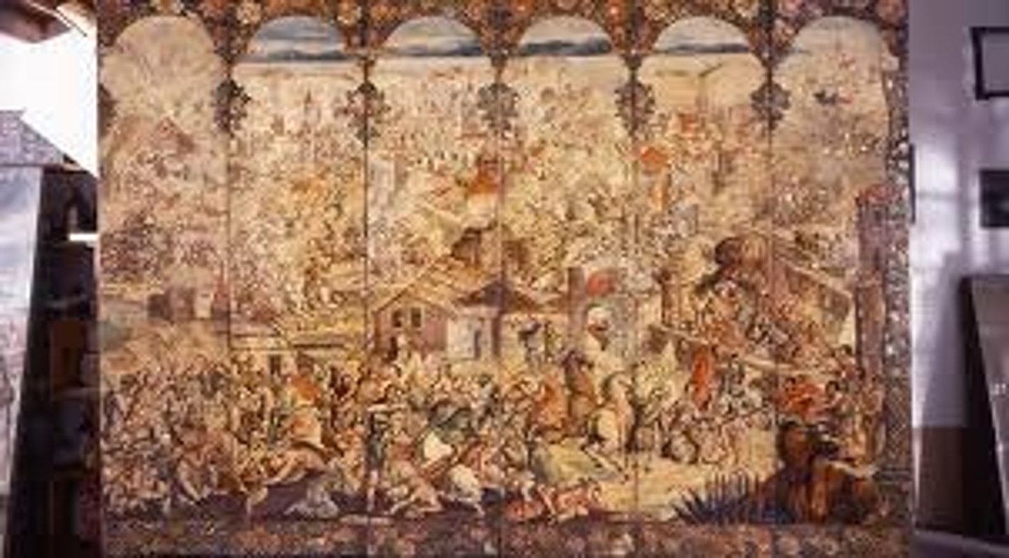 <p>Form:<br>-Japanese folding screen (Biombo)<br>-Spanish Colonial Baroque<br>-tapestry<br>-tempora/resin on wood<br>-shell inlay (Aztec)<br>Content:<br>-historical event from Europe<br>-one side: battle scene<br>-other side: landscape<br>-Great Turkish War<br>-combines multiple cultures<br>Function:<br>-expresses exonomic power of the Spanish in Colonial Mexico<br>-made Spanish viceroy<br>-room divider (biombo- Japanese folding screen)<br>-relationship between Japan and Latin America<br>Context:<br>-Circle of Gonzalez Family, 1697-1701 CE<br>-Spanish Colonial</p>