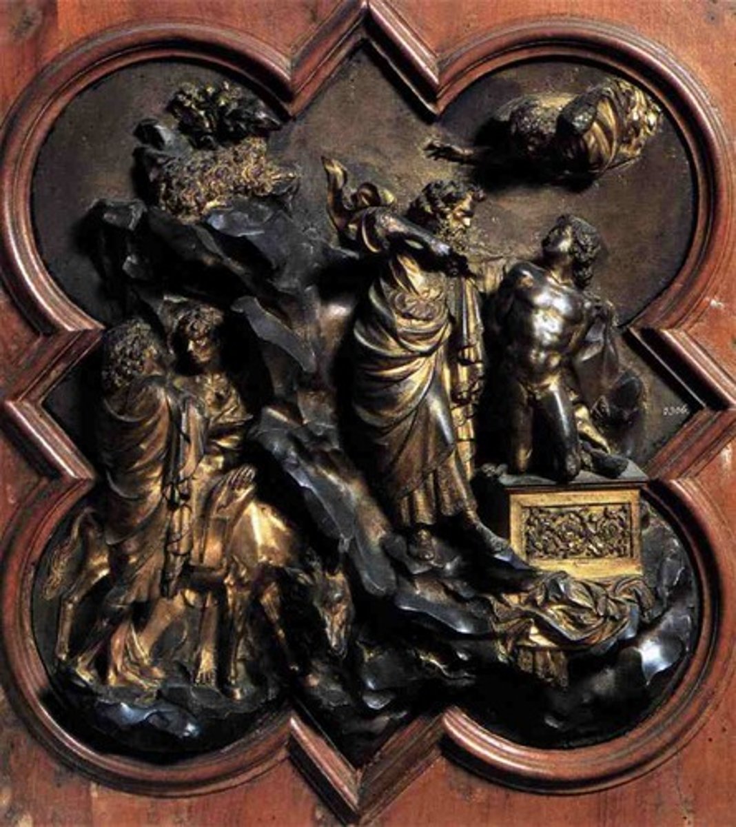 <p>Ghiberti's competitive panel for the Baptistery doors of the Florence Cathedral shows classical references that reflect influences of humanism. Which of the following is a classical reference seen on Ghiberti's panel?</p>