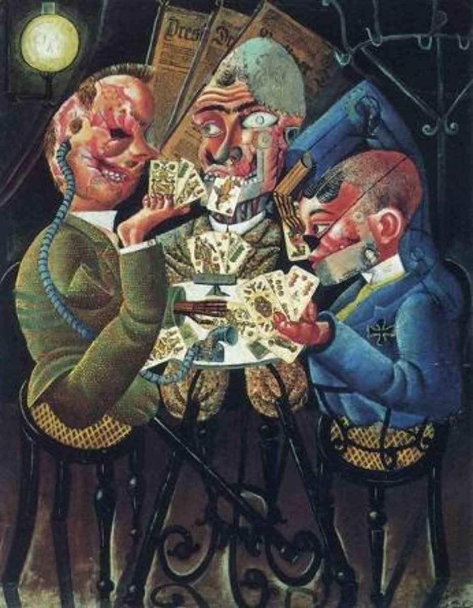<p>A painting by Otto Dix depicting three mutilated World War I veterans at a café, highlighting how war dehumanizes individuals into broken machines.</p>