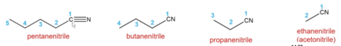 <p>use same rules as alkanes except:</p><p>-parent chain is the longest carbon chain that contains the nitrile carbon</p><p>-number the parent chain in the direction that gives you the smallest number to the nitrile carbon</p><p>-add suffix "nitrile" to the parent name</p>