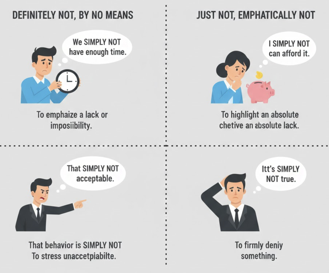 <p>Used to emphasize that something is definitely not true or possible. </p><ul><li><p>(<strong>Đơn giản là không / Hoàn toàn không</strong>)</p></li></ul><p>Dạng liên quan:</p><ul><li><p><strong>Just not</strong> (Ít mạnh mẽ hơn một chút). </p></li><li><p><strong>Absolutely not</strong> (Cực đoan hơn).</p></li><li><p><strong>It is simply not true.</strong> (Điều đó hoàn toàn không đúng).</p></li></ul><p></p>