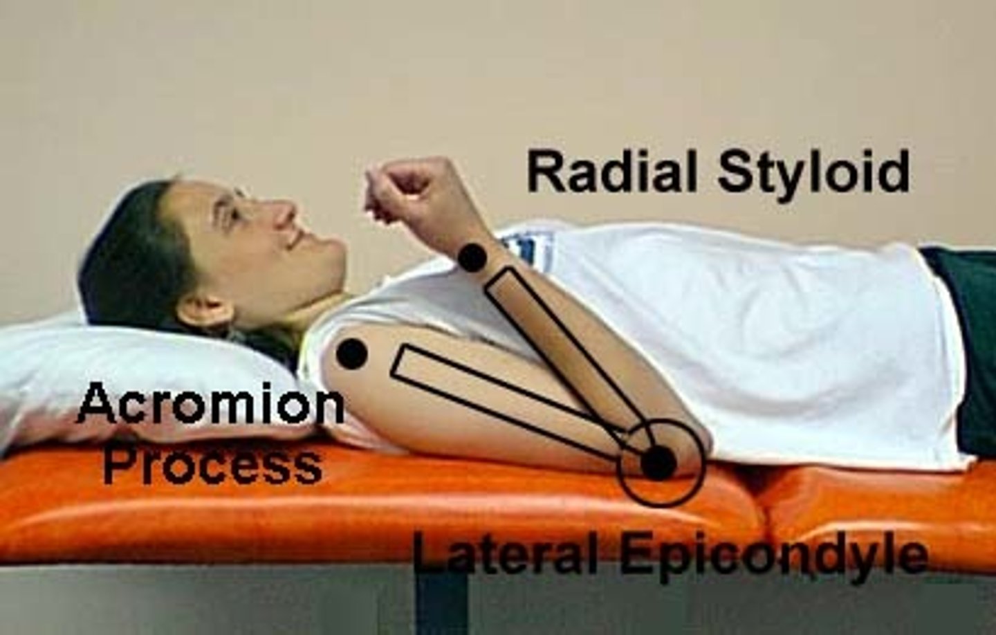 <p>fulcrum: lateral epicondyle<br>proximal: lateral midline of humerus (acromion process for reference)<br>distal: lateral midline of radius (radial styloid process for reference)<br><br>*supine<br>* TOWEL UNDER ELBOW<br>* normal value = 150</p>