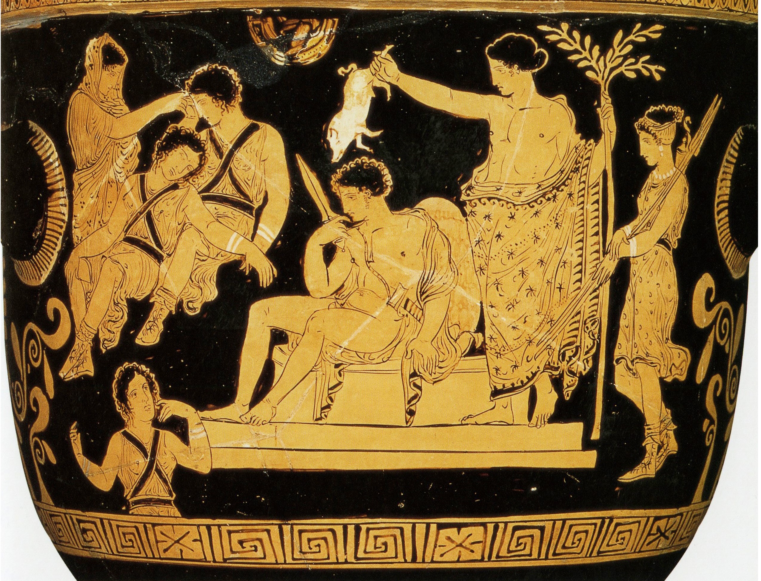 <p>Eumenides Painter: <em>Apulian red-figure bell-krater - Purification of Orestes at Delphi</em>, Greek, c. 380-360 BCE</p>