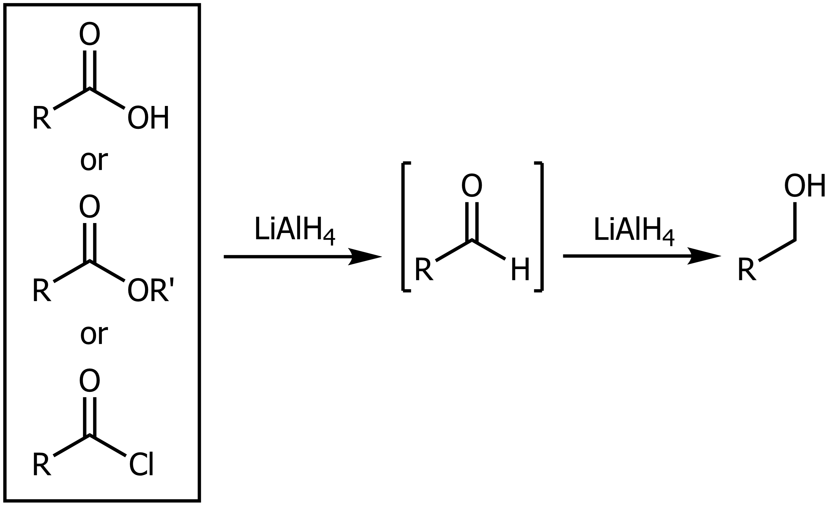 <p>Using LAH or LiAlH<sub>4</sub> on any of the above forms a primary alcohol. </p>