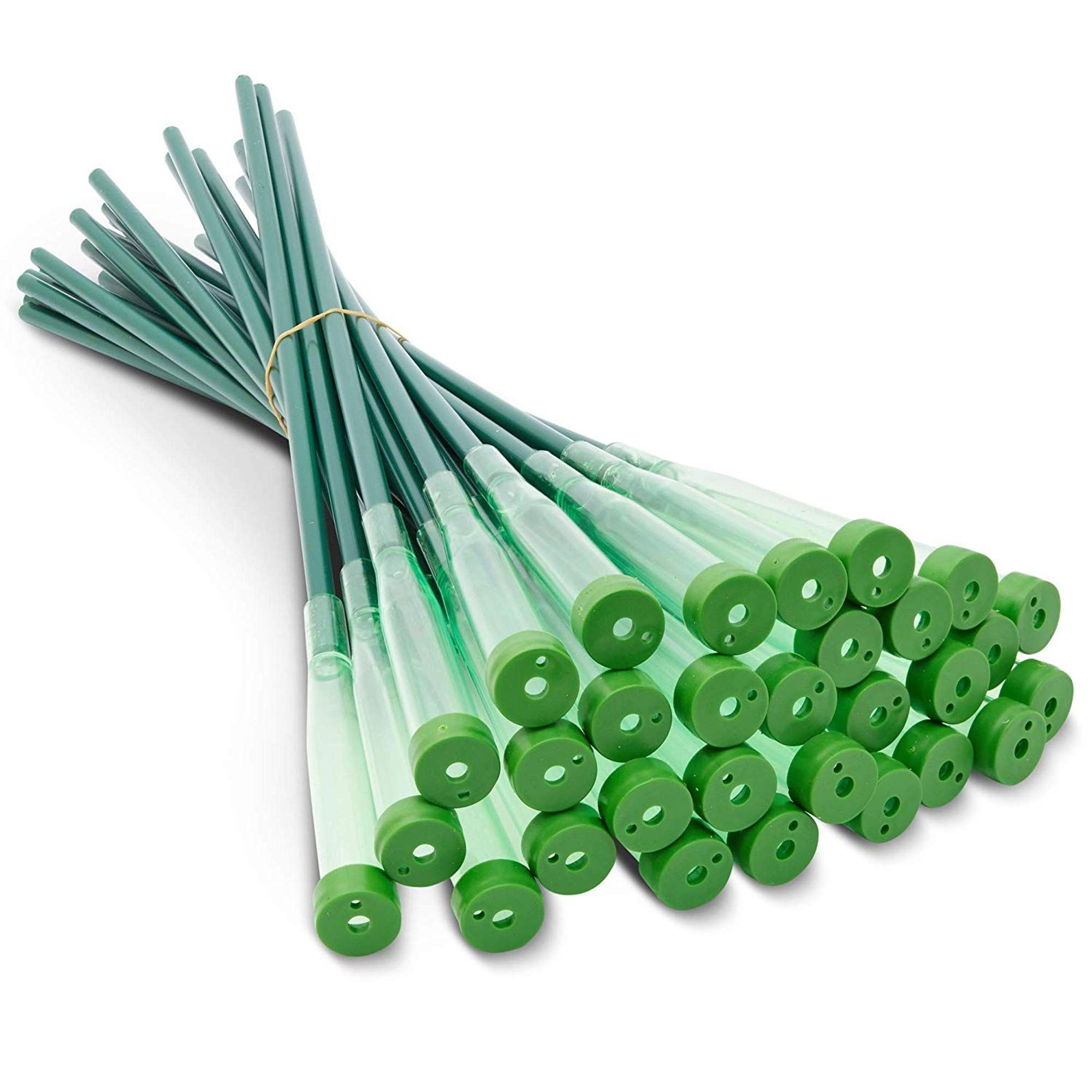 <p>green plastic tubes with cap; inserted in foam with ease</p>