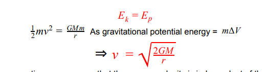 <p>minimum velocity an object must travel at to escape the gravitational field at the surface of a mass</p>