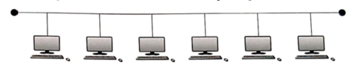 <p>Uses a single central cable for all connections.</p><p>Data travels in only one direction at a time.</p><p>Only one device can transmit simultaneously.</p><p>Requires terminators at each end to prevent signal bounce.</p><p>Uses broadcasting; all devices receive packets.</p><p>Devices check MAC addresses to identify packets intended for them.</p><p>Needs collision handling (like CSMA/CD) due to single transmission path.</p>
