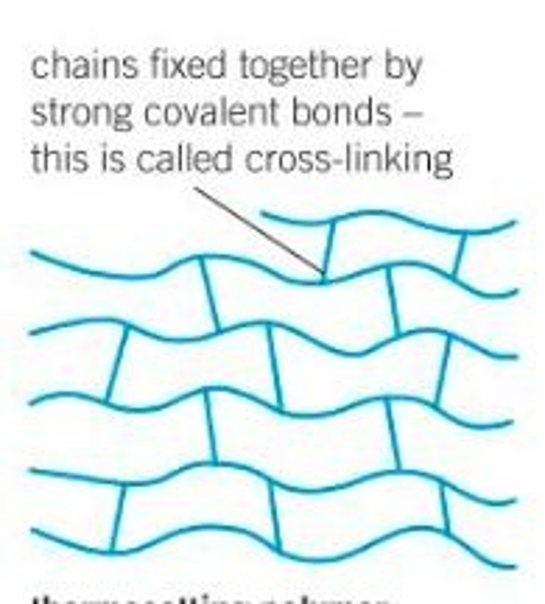 <p>- The polymer chains are linked by strong covalent bonds.</p><p>- These bonds do not break easily, so the shape is fixed.</p>