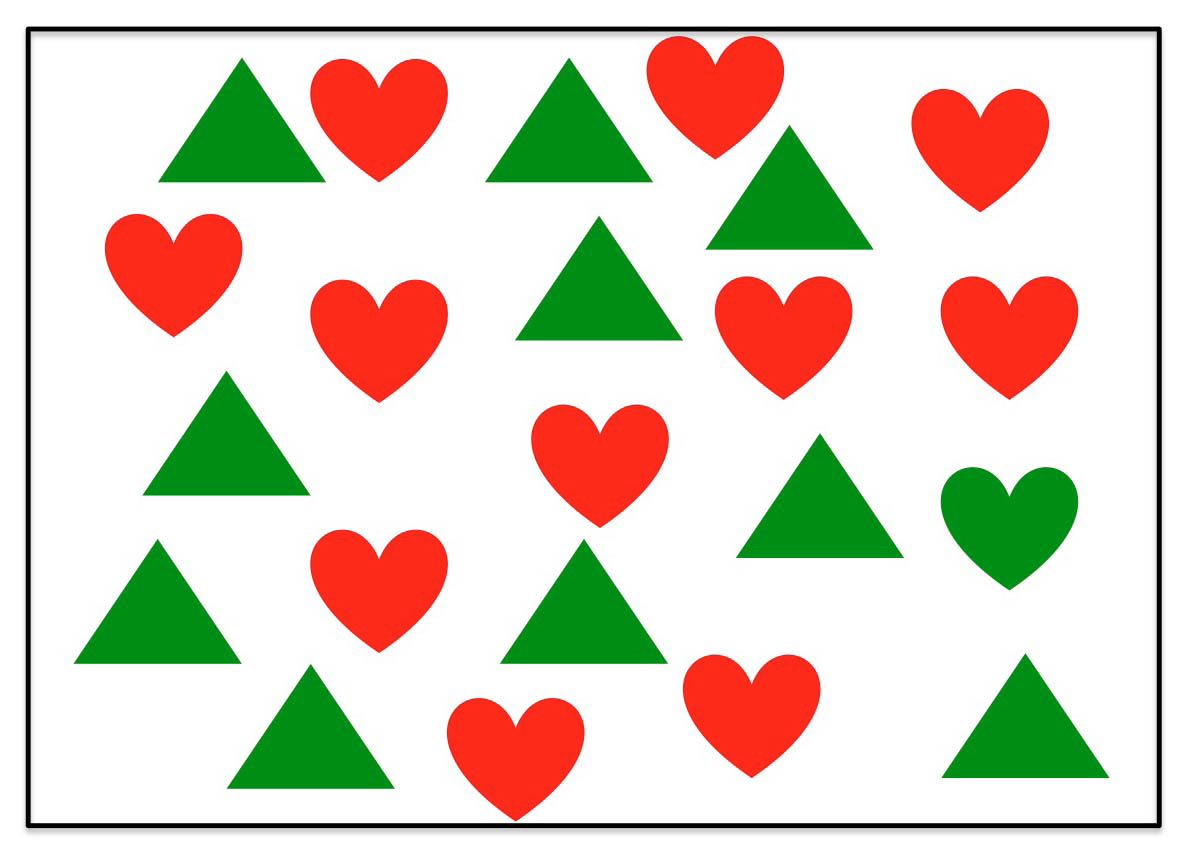 <p>What sort of search are you performing when you identify the green heart in the image above?</p><p>a) serial search</p><p>b) parallel search</p><p>c) salient search</p><p>d) all of the above</p>