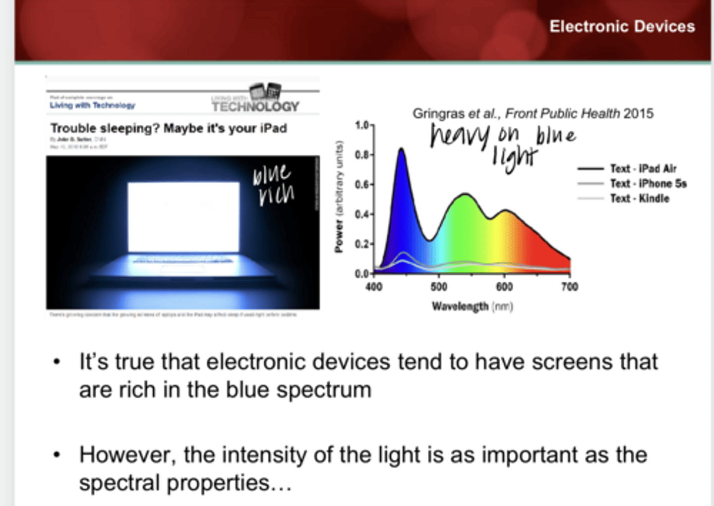 <p>Electronic devices tend to have screens that are rich in the ___ spectrum</p>