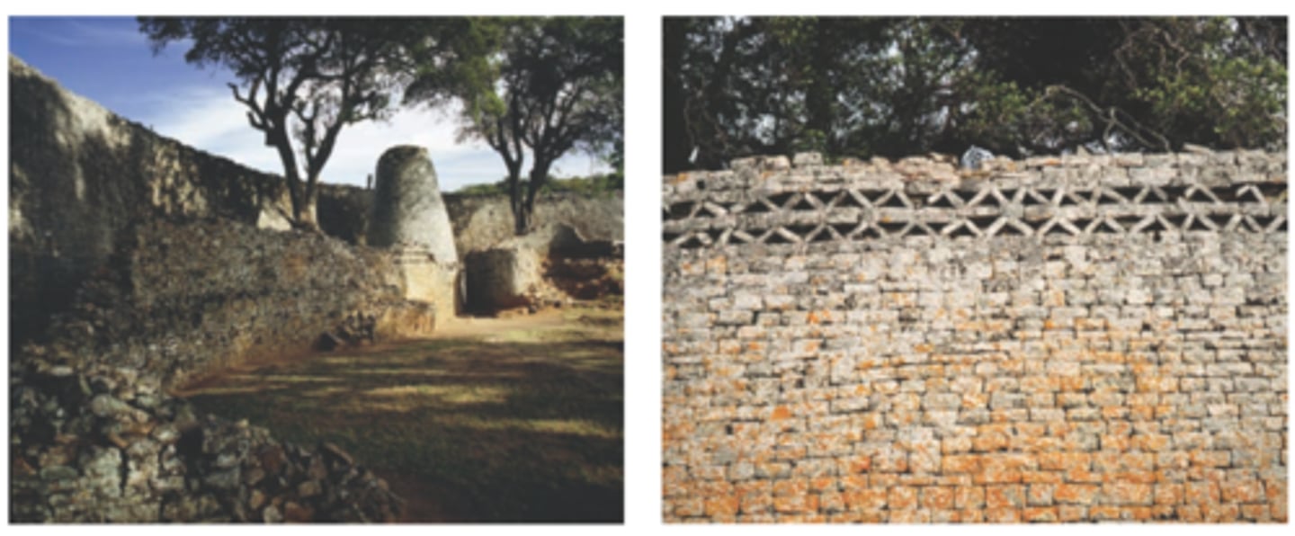 <p>Southeastern Zimbabwe</p><p>Shona people</p><p>c. 1000-1400 CE</p><p>Form: Coursed granite blocks</p><p>Function: Part of the great Zimbabwe complex, and was believed to have been the sight of the royal residence</p><p>This stone enclosure is part of the great Zimbabwe complex, and it is believed to have been the sight of the royal residence. The stone work is done in coarse granite blocks that were fit together without mortar. The great enclosure is made up of a large circular stone wall, over 820 feet in length, and up to 36 feet high in some spots. Some of the structures on the site, including the wall itself, are constructed with geometric designs, and with an overall dominant theme of curved lines. The conical tower inside the circular wall is shaped similar to a grain silo. While the exact function is unknown, some scholars believe that it may have been to encourage successful crops and prosperity.</p>