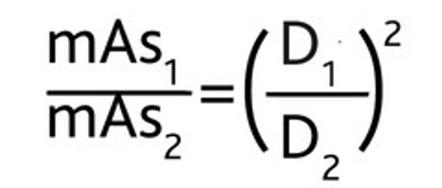 <p>a formula to figure out when SID is increased, mAs must be increased to maintain constant exposure to IR</p>