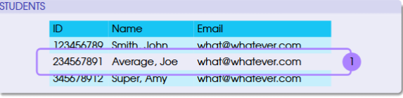 <ul><li><p>rows in a table</p></li><li><p>each one represents a specific thing (vis-a-vis type of thing represented by a table)</p></li><li><p>in this example, each one refers to individual students</p></li><li><p>example: one holds info about the student named Joe Average but no one else</p></li></ul><p></p>