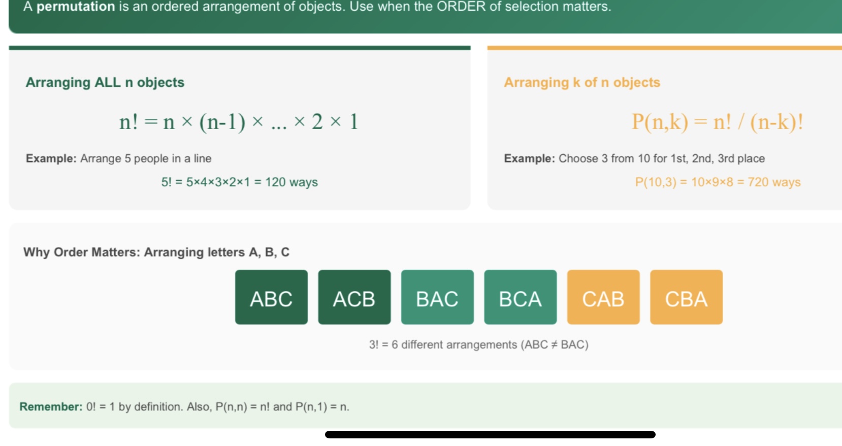 <p>All objects= n!</p><p>choose k from n = n!/(n-k)!</p><p></p><p></p>