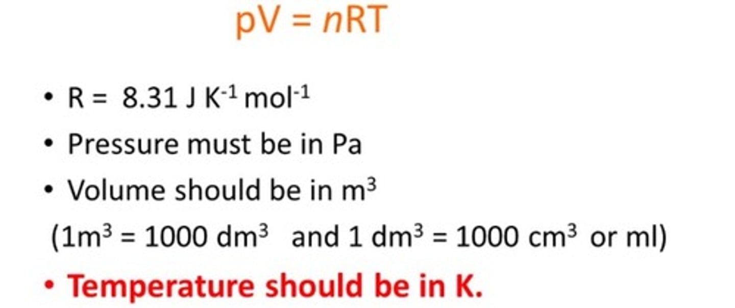 <p>gas laws combine to pV/T = k</p><p>k dependent on moles of gas =&gt; pV/T = nR</p><p>where n is number of moles, R is molar gas constant</p>