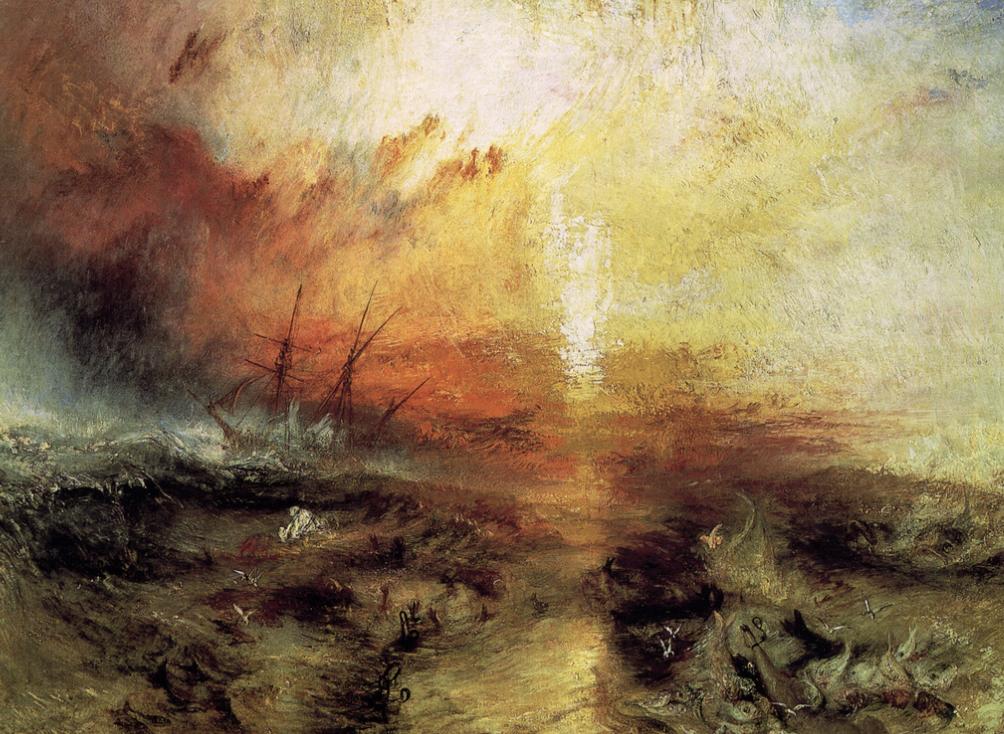 <ul><li><p>Turner</p></li><li><p>slaves pushed overboard</p></li><li><p>capitains are still paid if slaves die from ocean, not if from disease</p><ul><li><p>orders sick and dying slaves off</p></li></ul></li><li><p>so much nature, slave insurance money</p></li><li><p>humans suck, nature good</p></li><li><p>beautiful sunset v. gruesome death → fear, panic</p></li><li><p>dehumanization of slave trade</p></li><li><p>romantic</p></li></ul>