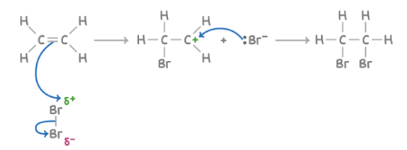 <p><strong>Reagent : </strong>Br<sub>2</sub></p><p><strong>Conditions : </strong>aqueous</p><p><strong>What happens : </strong>C=C opens up; added onto the two C atoms of the C=C double bond: Br &amp; Br</p><p><strong>Overall equation : </strong>CH<sub>2</sub>=CHCH<sub>3 </sub>+ Br<sub>2</sub> <strong>➔</strong> CH<sub>2</sub>BrCH<sub>2</sub>Br</p><p><strong>Mechanism : </strong>electrophilic addition</p>