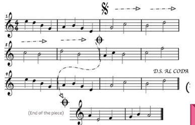 <p>Most often the final section of a song that may include slightly or even very different musical material than that which as preceded it. Generally, but not always, the sheet music will indicate &quot;DS al coda&quot;, which means return to the DS (Dal segno) sign, which looks like a sideways S with a line through it and two dots on either side on the sheet music, and then follow the music through to the &quot;to coda&quot; sign - which resembles a cross with a circle or the crosshairs of a rifle scope. At that juncture, skip to the coda to conclude the song.</p>