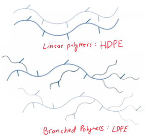 <p>Molecules with linear chains pack more tightly, thus having a __________________ than molecules with kins or branches.</p>