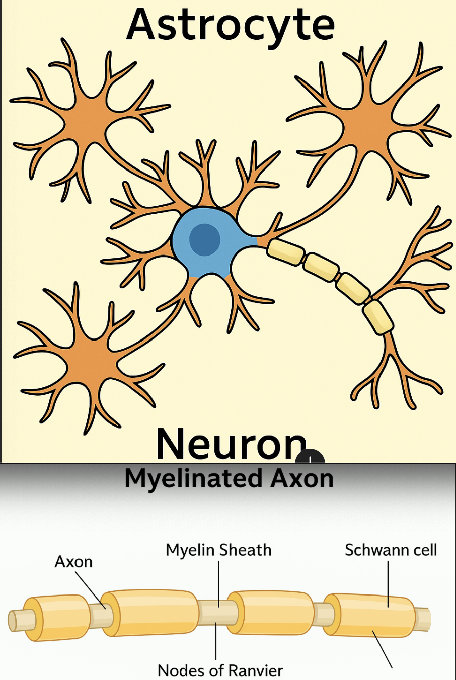 <p>They Process as it is necessary for neuron to do its job.</p><ul><li><p>they process in the sense that they perform essential support functions to make it possible for the neuron to send signals</p><ul><li><p>Astrocyte: nutrient regulation</p></li><li><p>Oligodendrocytes: myelination that allows neuron to fxn properly</p><ul><li><p>Myelination: wrapping a fatty layer (myelin) around axons of neurons</p></li></ul></li></ul></li></ul><p></p>