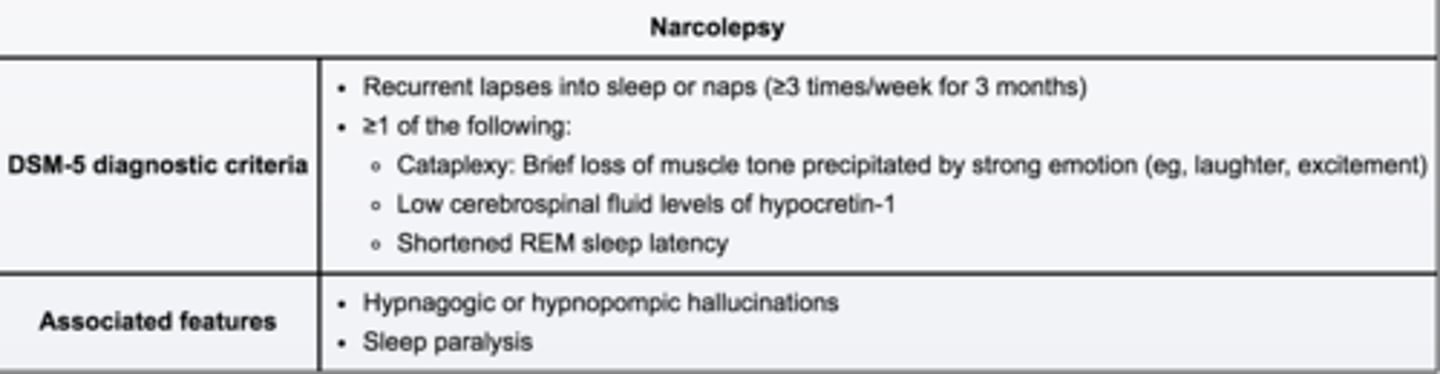 <p>paralysis upon falling asleep or waking; vivid dream-like hallucinations.</p>