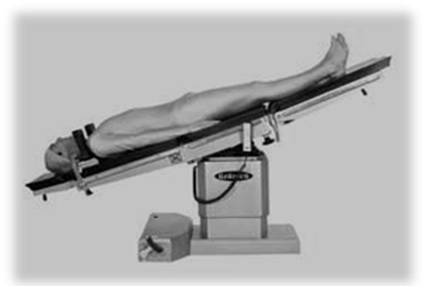 <p>Lying on the back with the body tilted so the head is lower than the feet</p>