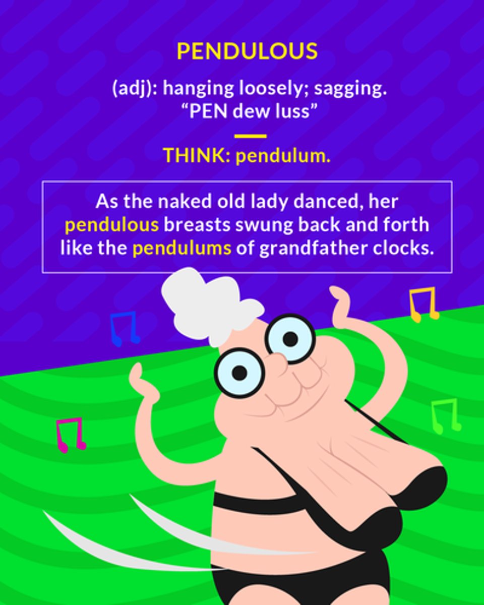 <p>(adj.) hanging loosely</p>