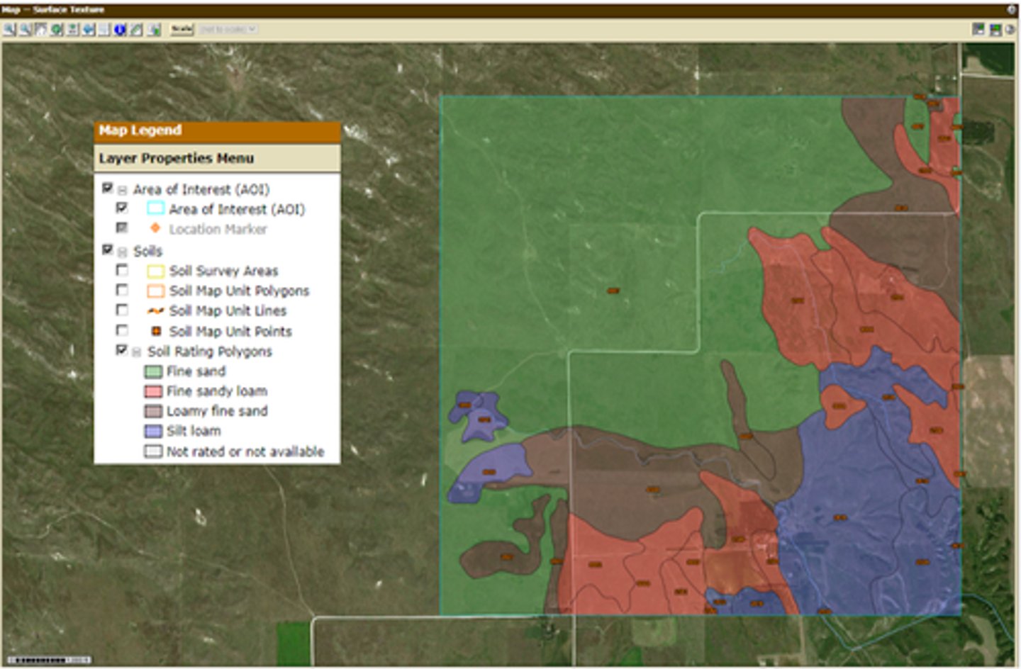 <p>Nebraska soils have formed in a variety of parent materials, namely alluvium, eolian sand, glacial till, and loess. Based on the surface textures in the fields depicted in the map below, what parent material is likely NOT present in this area?</p><p>A. Eolian Sand</p><p>B. Alluvium</p><p>C. All of the Above</p><p>D. Loess</p><p>E. Glacial Till</p>