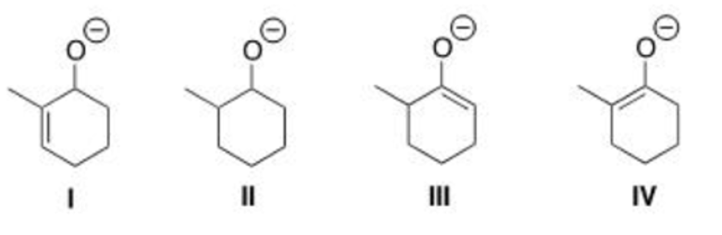 <p>Which is the kinetic enolate of 2-methylcyclohexanone?</p><p>A. I</p><p>B. II</p><p>C. III</p><p>D. IV</p>