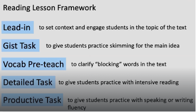 <p>GIST Task: skimming for main idea; </p><p>DETAILED task: intensive reading</p>