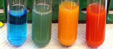 <p><span>turns YELLOW to GREEN to</span><br><span>ORANGE to RED in the presence of sugar when heated</span></p>