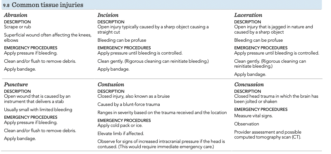 Abrasion, incision, laceration, puncture, contusion, concussion