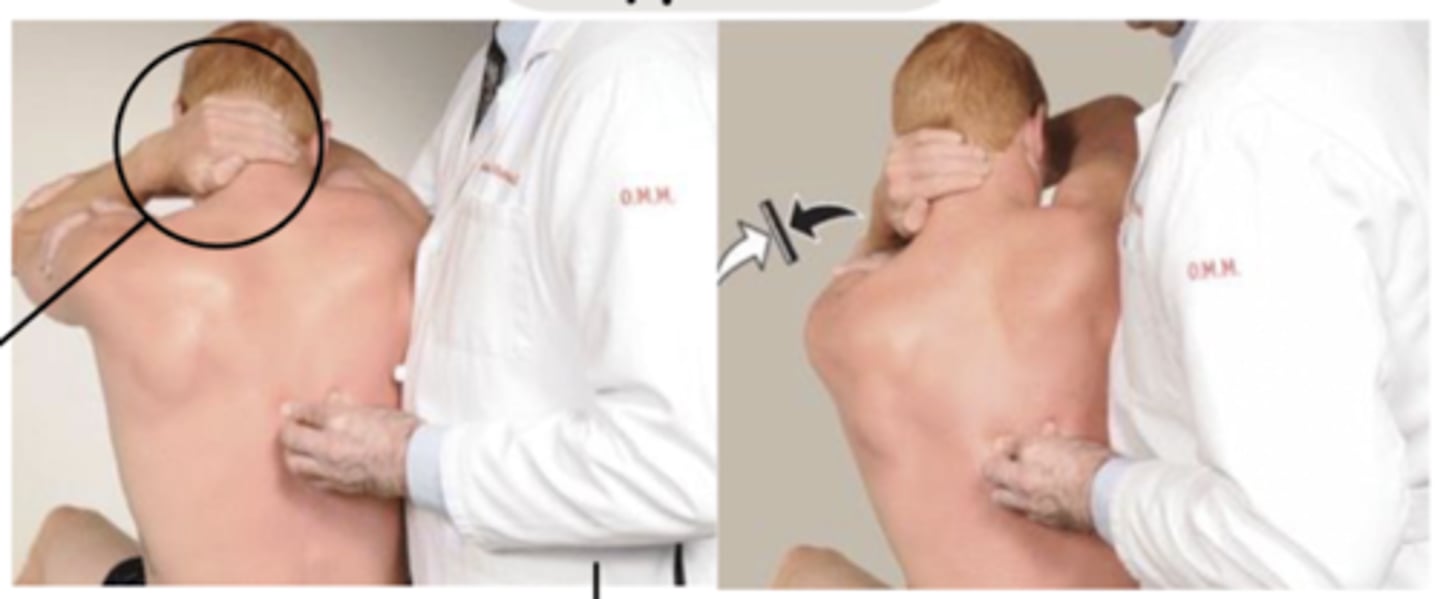 <p>pt hand on neck on SAME side as rotational component</p><p>physician stand on OPPOSITE side of rotational component</p><p>hands monitor TP</p><p>direct: moving pt INTO barrier in ALL PLANES</p><p>active: pt moves back toward direction of freedom in one plane</p>