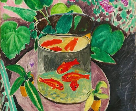 <ul><li><p><strong>ID:</strong> Henri Matisse, 1912 CE, Oil on canvas, France</p></li><li><p><strong>Content:</strong> A still life of goldfish in a bowl, set against decorative patterns.</p></li><li><p><strong>Function:</strong> Creates a tranquil, meditative scene emphasizing color and form.</p></li><li><p><strong>Context:</strong> Influenced by Fauvism and Matisse’s experiences in Morocco.</p></li><li><p><strong>Form:</strong> Bright complementary colors, flattened perspective, bold outlines.</p></li></ul><p></p>