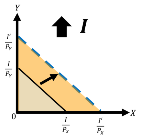 <ul><li><p>Shift or Rotation of the Budget Line</p></li><li><p>outward parallel shift</p></li><li><p>enlarges budget set</p></li><li><p>new affordable consumption choice</p></li></ul><p></p>