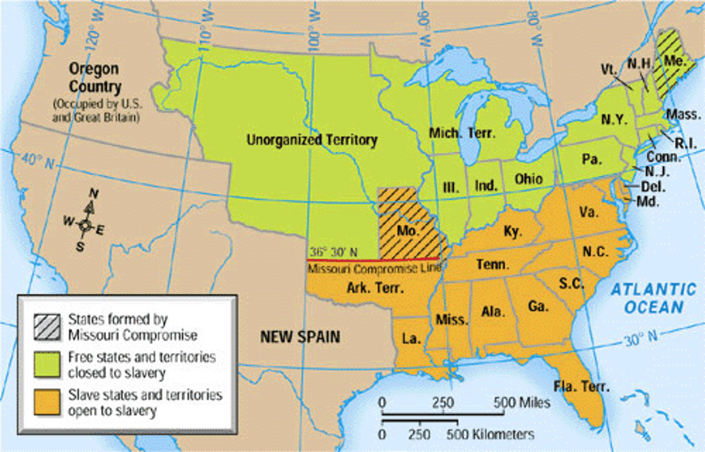 <p>Allowed Missouri to enter the union as a slave state, Maine to enter the union as a free state, prohibited slavery north of latitude 36˚ 30' within the Louisiana Territory (1820)</p>
