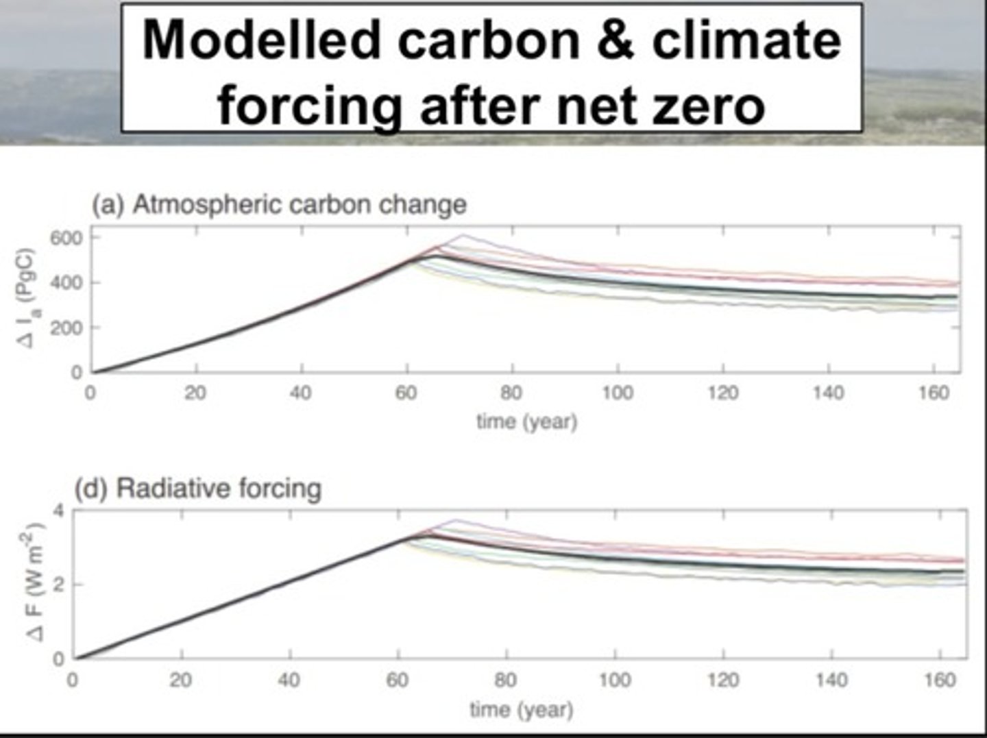 <p>Most models cluster near zero, meaning after CO₂ emissions stop, global temperature remains roughly stable for centuries.</p>