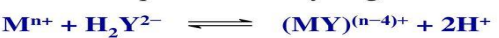 <p>When a solution of disodium EDTA, Na2H2Y, is added to a solution containing metallic ions, complexes are formed with the liberation of two equivalents of hydrogen ion </p>