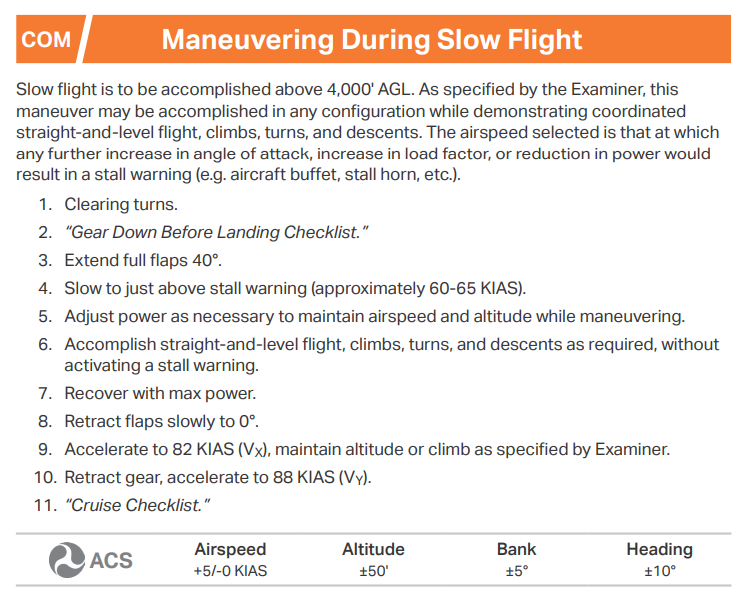 <p>Configuration as specified </p><p>Airspeed just above stall (40° flaps - 60-65 KIAS)</p><p>4000’ AGL</p><p>Gear down before landing checklist</p><p>Recover with max power</p><p>Retract flaps</p><p>Accelerate to Vx (82 KIAS)</p><p>Retract gear, accelerate to Vy (88 KIAS)</p>