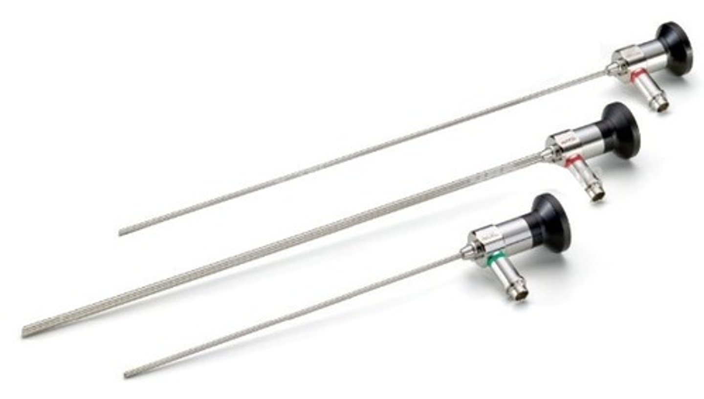 <p>endoscopes ranging from 1.9-15 mm in size that are usually made of stainless steel &amp; designed to allow for minimal flexing (not bending)</p>