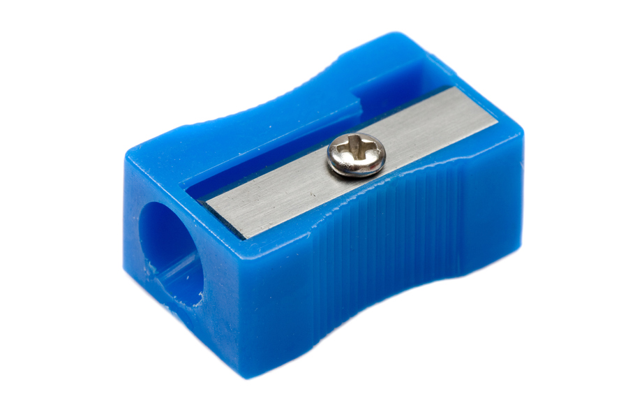 <p>a device used to sharpen the writing tip of a pencil by shaving away the outer material. </p>