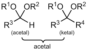 <p>Primary carbons with two -OR groups and a hydrogen atom; Not as reactive to reducing agents as carbonyls</p>