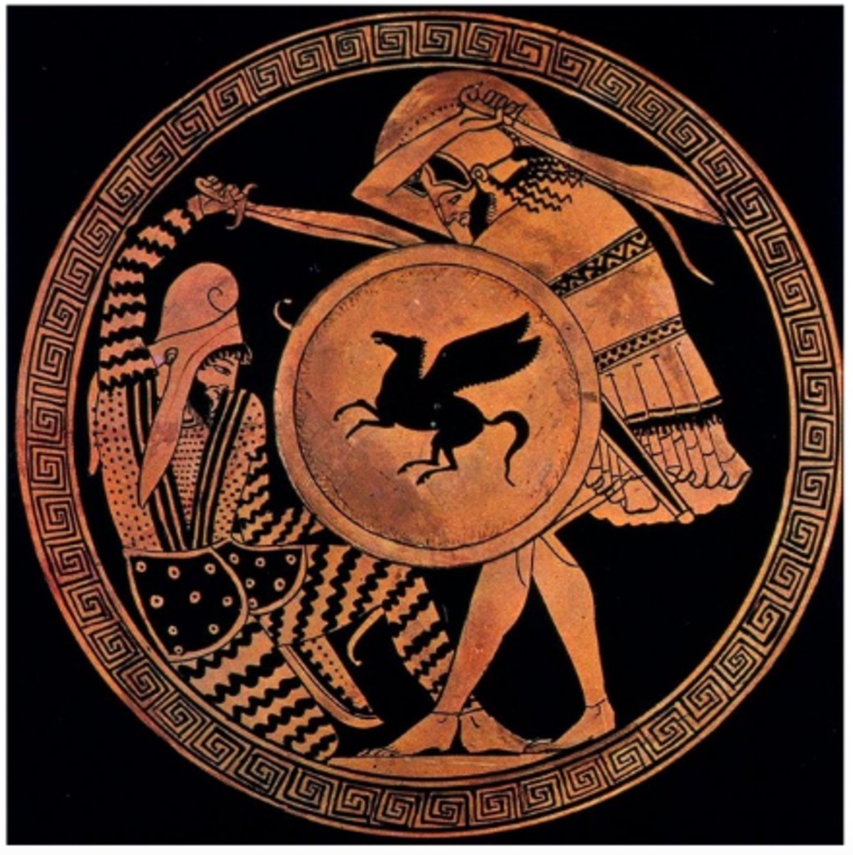 <p>Persian:</p><p>Bow and arrows -- less heroic equipment compared to the Greeks sword and shield.</p><p>Wearing a patterned, exptic dress and headdress - 'other'. Orientalist, exaggeration of his weak and effeminate status.</p><p>Cowering in fear to the side of the kylix.</p><p>Greek:</p><p>Central of the kylix.</p><p>A shield with a Pegasus on it (symbol of Poseidon - emphasis the Greek identity of the soldier a mythology and religion were key signifiers of Greek civilisation. The framing of the shield in the middle of the kylix extenuates this), and a sword.</p><p>Greek armour - Greek helmet, Greek cuirass.</p><p>Towering over.</p>