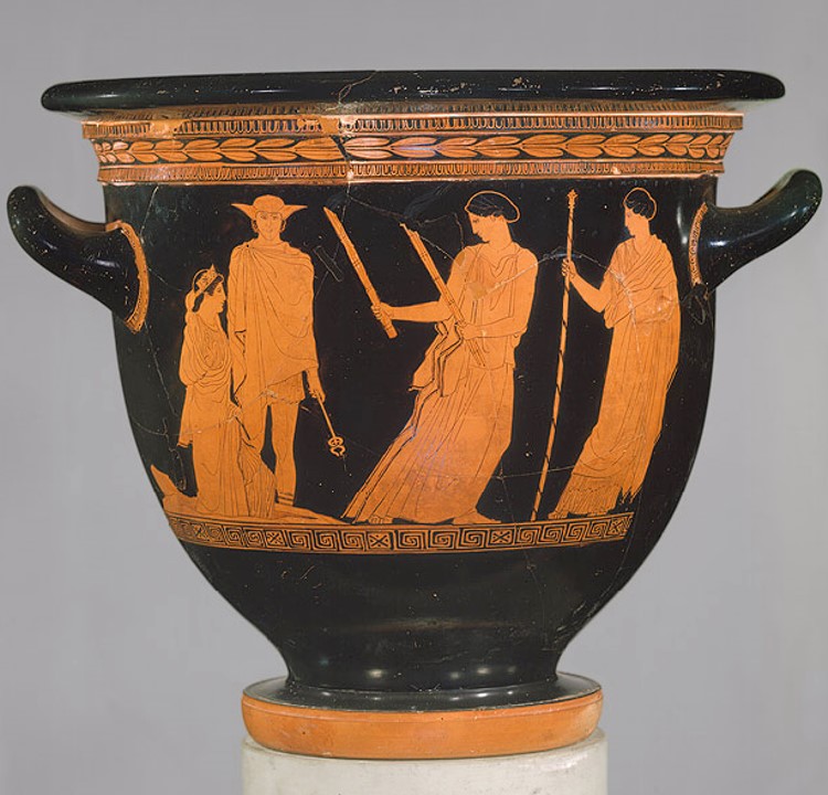 <p>Persephone Painter: <em>Attic-figure bell-krater Persephone Returning from the Underworld</em>, Greek, c. 440 BCE</p>