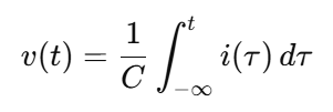 <p>The voltage across a capacitor equals the time integral of its current scaled by the reciprocal of capacitance.</p>