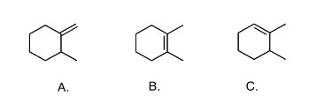 <p>Rank the following from most to least stable</p><p>A) A, B, C</p><p>B) C, B, A</p><p>C) B, C, A</p><p>D) B, A, C</p>