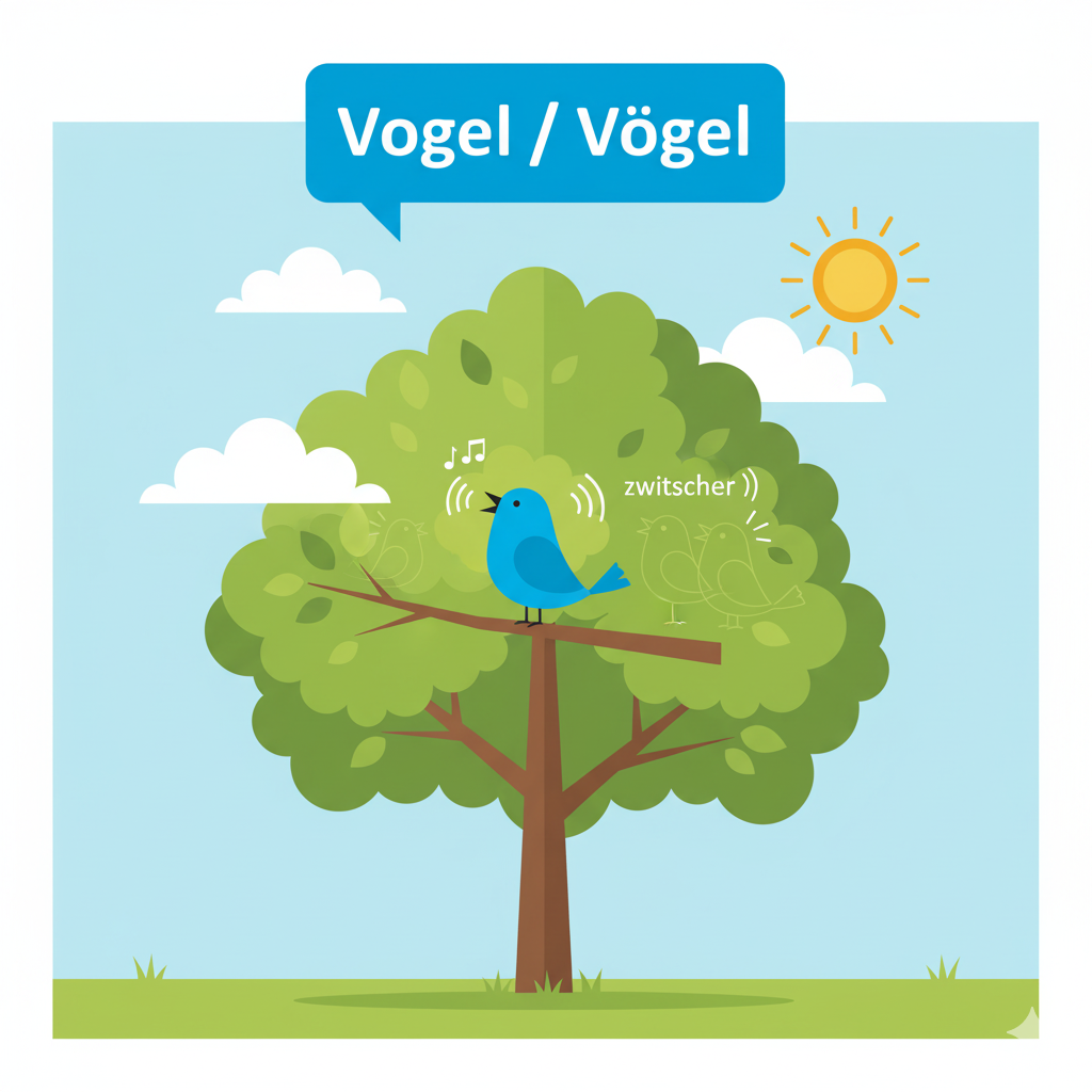 <p><strong>Maria:</strong> Schau! Ein <strong>Vogel</strong> sitzt auf dem Baum. (Look! A bird is sitting on the tree.) </p><p><strong>Lukas:</strong> Oh ja! Und hör mal, die anderen <strong>Vögel</strong> singen. (Oh yes! And listen, the other birds are singing.)</p><p> <strong>Maria:</strong> Was für ein schöner Gesang! (What a beautiful song!)</p>